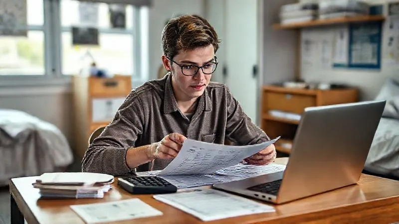 A photorealistic image of a student sitting at a desk, surrounded by financial aid documents, a calculator, and a laptop displaying a spreadsheet. They are meticulously comparing numbers, with a focused yet slightly overwhelmed expression. Cinematic lighting, sharp focus on the student and documents, depth of field blurring the background of a university dorm room, 8K hyper-detailed.