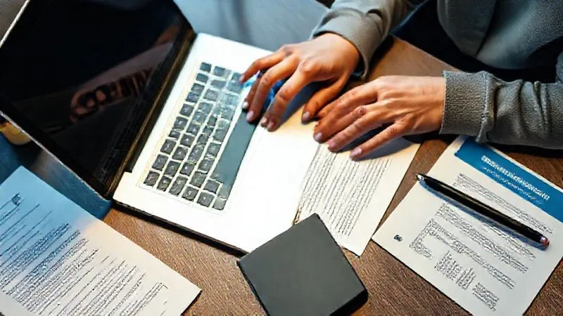 A photorealistic image of a student's hands carefully typing on a laptop, composing an appeal letter. On the desk are neatly organized financial documents, a pen, and a college brochure. The lighting is soft and focused on the hands and keyboard, implying diligence and precision. Shot from a slightly overhead angle, sharp focus, 8K, depth of field blurring the background. Cinematic lighting.
