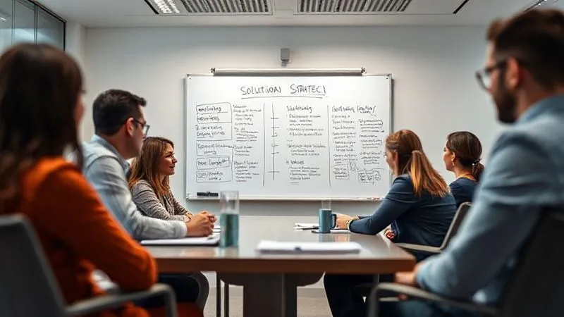 A photorealistic image of a diverse banking team in a modern conference room, intensely focused on a whiteboard filled with strategic solutions and action items, cinematic lighting, sharp focus on the team, depth of field blurring the background, 8K hyper-detailed, shot on a high-end DSLR.