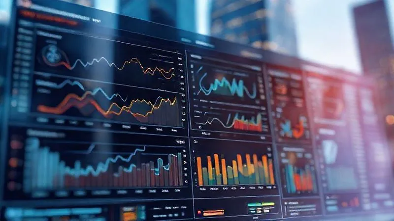 A photorealistic 3D rendering of a complex data visualization dashboard showing interconnected graphs and charts related to banking client behavior and risk scores, with a blurred financial district skyscraper background. Cinematic lighting, sharp focus on the dashboard, depth of field, 8K hyper-detailed, shot on a high-end DSLR.