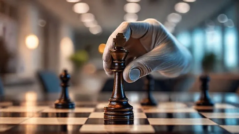 A photorealistic image of a single, highly detailed chess piece (a king) being carefully removed from a chessboard by a gloved hand, symbolizing a strategic, difficult decision. The background is a softly blurred, modern office environment. Cinematic lighting, sharp focus on the chess piece and hand, depth of field, 8K hyper-detailed, shot on a high-end DSLR.