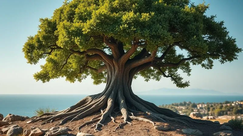 A photorealistic image of a strong, healthy tree with deep roots firmly anchored in rocky soil, symbolizing resilience and stability. In the background, a clear, calm financial landscape extends to the horizon. Professional photography, 8K, cinematic lighting, sharp focus on the tree, depth of field blurring the background, shot on a high-end DSLR.