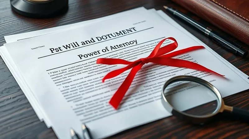 photorealistic, professional photography, 8K, cinematic lighting, sharp focus, depth of field, shot on a high-end DSLR, a close-up of a stack of legal documents tied with a red ribbon on a dark wooden desk, partially open to reveal text like 'Power of Attorney' and 'Last Will and Testament', surrounded by a few scattered pens and a magnifying glass, emphasizing the importance of legal preparation.