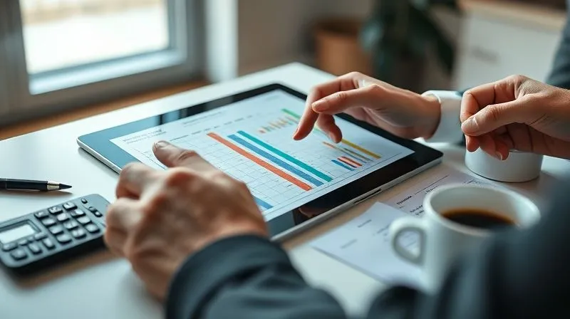 photorealistic, professional photography, 8K, cinematic lighting, sharp focus, depth of field, shot on a high-end DSLR, a close-up of a hand meticulously organizing a complex financial spreadsheet on a tablet, surrounded by a calculator, a pen, and a cup of coffee, set in a modern, well-lit office, conveying precision and focus in financial management.