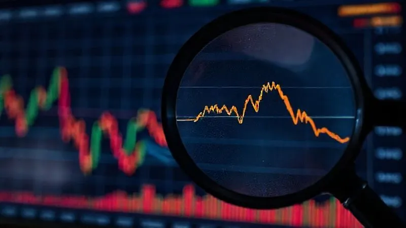 A photorealistic, professional photography, 8K, cinematic lighting, sharp focus, depth of field, shot on a high-end DSLR, of a complex financial chart displaying various performance metrics and a downward trend, with a magnifying glass meticulously examining a specific underperforming line, conveying detailed analysis.