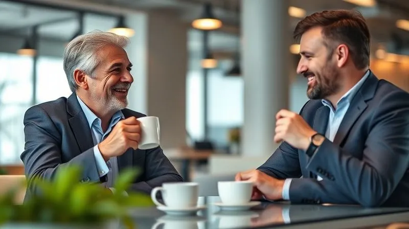 A photorealistic image of a financial advisor and an affluent client enjoying a relaxed, professional conversation over coffee in a bright, modern office setting. Both are smiling, indicating a strong, trusting relationship. Soft, warm lighting, sharp focus on their interaction, depth of field subtly blurring the contemporary background. Professional photography, 8K, cinematic lighting, shot on a high-end DSLR.