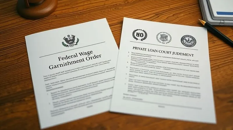 A photorealistic image of two distinct legal documents side-by-side on a wooden desk, one clearly labeled 'Federal Wage Garnishment Order' and the other 'Private Loan Court Judgment', with different legal seals and text styles, cinematic lighting, sharp focus on the documents, depth of field blurring the background, 8K hyper-detailed.