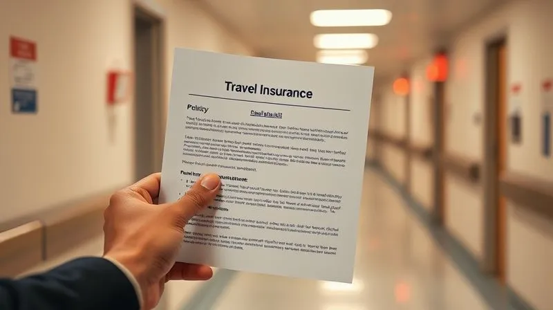 A close-up, photorealistic image of a hand holding a corporate travel insurance policy document, highlighting key sections, with a blurred background of a hospital corridor, cinematic lighting, sharp focus.