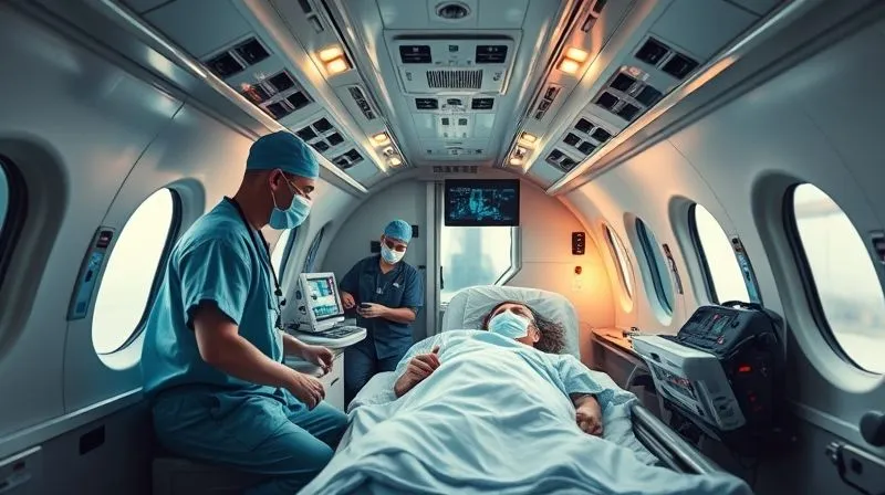A photorealistic image of a modern air ambulance interior, with medical equipment visible and a professional medical team attending to a patient, viewed through a subtle wide-angle lens, conveying urgency and high-tech care, cinematic lighting.