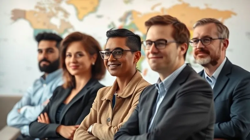 A photorealistic, professional image of a diverse group of employees attending a pre-travel briefing session, looking engaged and attentive, with a world map in the background, sharp focus on the group, depth of field blurring the map.