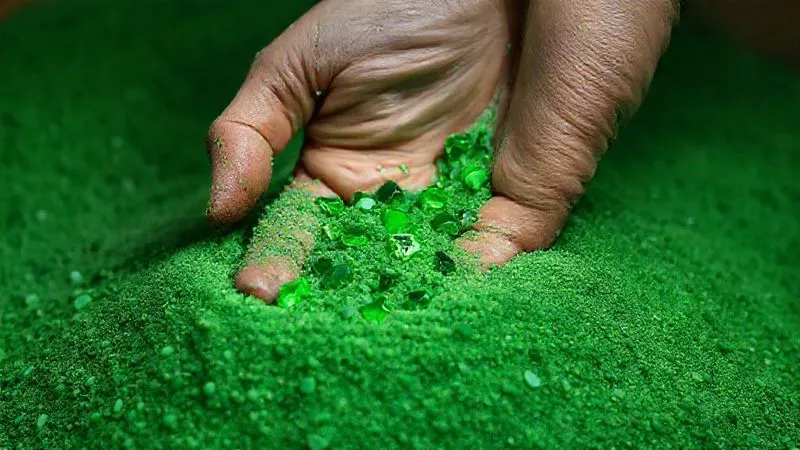 A photorealistic image of a hand meticulously sifting through a pile of green-colored sand, with a few genuine green gems sparkling among the grains, symbolizing the process of finding true value amidst greenwashing. professional photography, 8K, cinematic lighting, sharp focus on the hand and gems, depth of field blurring the background, shot on a high-end DSLR.