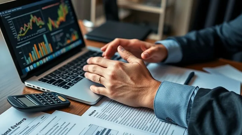 A photorealistic, professional photography, 8K, cinematic lighting, sharp focus, depth of field, shot on a high-end DSLR, showing a financial advisor's desk with a laptop displaying complex financial charts and graphs, alongside a calculator and legal documents, illustrating the process of financial restructuring and planning, with a focused, serious but hopeful expression on a person's hands as they review documents.
