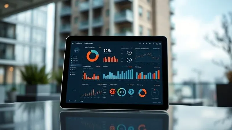 A photorealistic, professional photography, 8K, cinematic lighting, sharp focus, depth of field, shot on a high-end DSLR, showing a sleek, modern tablet displaying a property management software dashboard with various charts, graphs, and key performance indicators for a rental property, with a blurred background of a modern apartment building, symbolizing technological oversight in real estate.