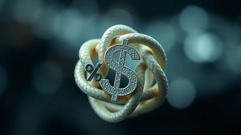 Photorealistic, professional photography, 8K, cinematic lighting, sharp focus, depth of field, shot on a high-end DSLR. A detailed visual of various financial symbols intertwined: a dollar sign, a percentage sign, and a 'loan' icon, all forming a complex knot, symbolizing the different funding structures and their intricate relationships.