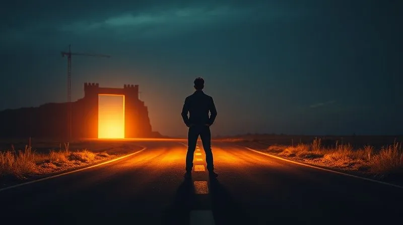 Photorealistic, professional photography, 8K, cinematic lighting, sharp focus, depth of field, shot on a high-end DSLR. A lone, determined entrepreneur standing at a crossroads, one path leading towards a brightly lit, inviting but potentially thorny gate, and the other towards a less certain but open horizon. The entrepreneur's silhouette is strong, making a decisive choice.