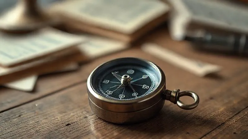 A photorealistic image of a single, well-worn compass on a wooden desk, its needle pointing decisively forward, with blurred background elements suggesting past discarded documents. The scene is professional photography, 8K, cinematic lighting, sharp focus on the compass, depth of field blurring the background, symbolizing clear direction and moving on from uncertainty.