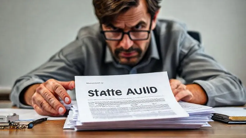 photorealistic, professional photography, 8K, cinematic lighting, sharp focus, depth of field, shot on a high-end DSLR. A person with a slightly worried but determined expression, meticulously organizing a stack of financial documents on a desk, a state tax audit letter prominently displayed, emphasizing diligence and immediate action.