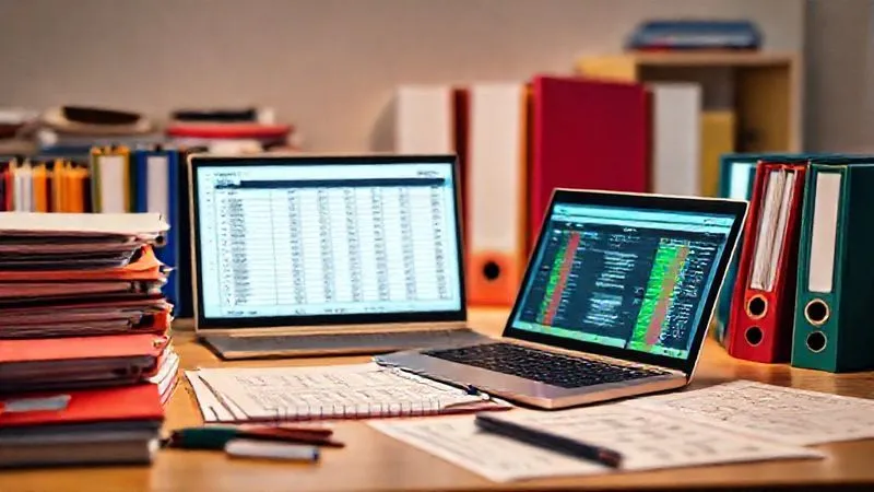 photorealistic, professional photography, 8K, cinematic lighting, sharp focus, depth of field, shot on a high-end DSLR. A meticulously organized desk with color-coded binders, file folders, and a laptop displaying a complex spreadsheet, all illuminated by soft, focused light, symbolizing thorough data collection and analysis for a tax audit.