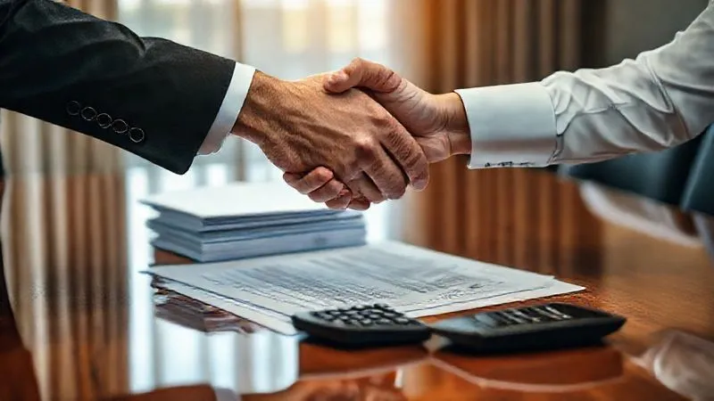 photorealistic, professional photography, 8K, cinematic lighting, sharp focus, depth of field, shot on a high-end DSLR. Two professional hands, one in a dark suit sleeve and one in a white shirt, shaking firmly over a stack of neatly organized legal documents and a calculator, on a polished conference table, symbolizing a successful negotiation and resolution of a complex financial matter.