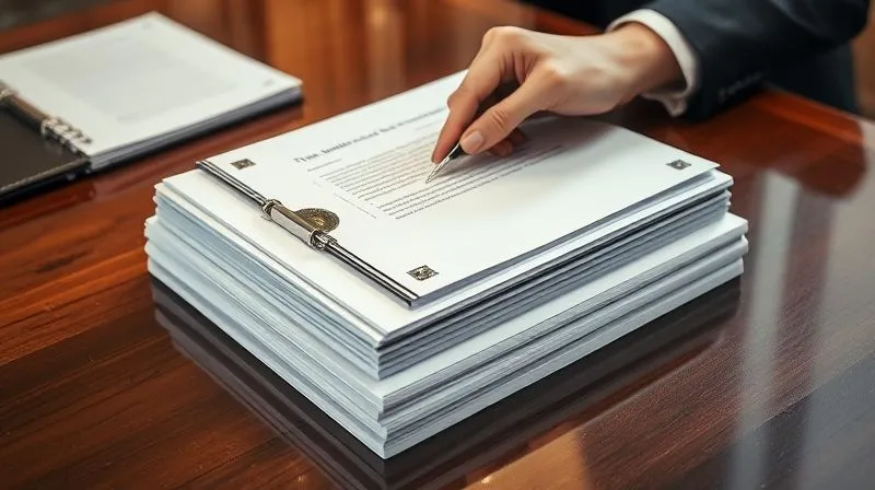 A photorealistic image of a meticulously organized stack of legal documents, bound with a professional seal, on a polished mahogany desk. A hand is carefully adding a final signature to the top document. Cinematic lighting, sharp focus on the documents and hand, 8K hyper-detailed, professional photography, shot on a high-end DSLR.