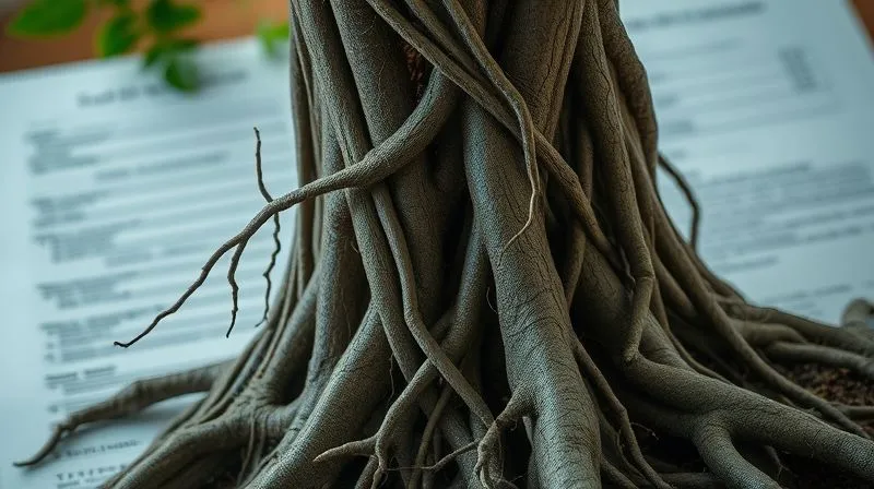 A photorealistic image of a gnarled, intertwining tree root system, some roots pulling away from the main trunk, against a blurred backdrop of legal documents. Cinematic lighting, sharp focus on the roots, depth of field, 8K, professional photography, shot on a high-end DSLR, symbolizing the complex underlying issues in trust disputes.