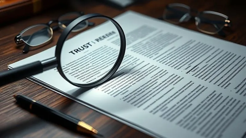 Photorealistic, professional photography, 8K, cinematic lighting, sharp focus, depth of field, shot on a high-end DSLR. A close-up of a magnifying glass hovering over a dense section of legal text in a trust document, highlighting specific clauses. The document is open on a dark, polished wooden desk, with a pen and a pair of reading glasses nearby. The lighting is soft and focused, emphasizing the detail of the text and the act of scrutiny. The overall mood is serious and investigative.