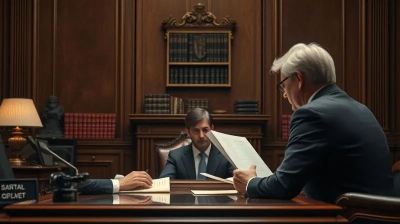 Photorealistic, professional photography, 8K, cinematic lighting, sharp focus, depth of field, shot on a high-end DSLR. A solemn, focused individual (gender-neutral, professional attire) sitting across a large, ornate desk from a legal professional, reviewing documents. The lighting is soft but serious, emphasizing the gravity of the discussion. Legal books and a discreet nameplate are visible in the background, subtly out of focus. The scene conveys deep consultation and serious decision-making.
