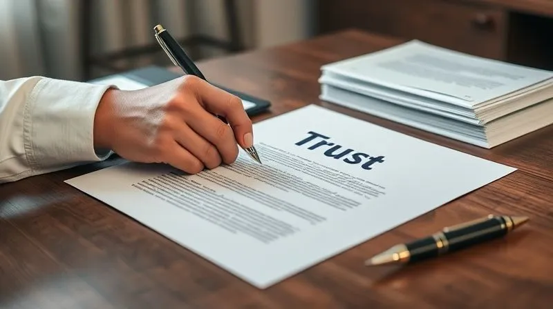 Photorealistic, professional photography, 8K, cinematic lighting, sharp focus, depth of field, shot on a high-end DSLR. A meticulously organized desk with a perfectly bound legal document (representing a trust) at its center. A hand is poised to sign, with other neatly stacked documents and a fountain pen nearby. The lighting is bright and clear, emphasizing order, precision, and a sense of careful planning for the future. The background is a blurred, tasteful office setting.