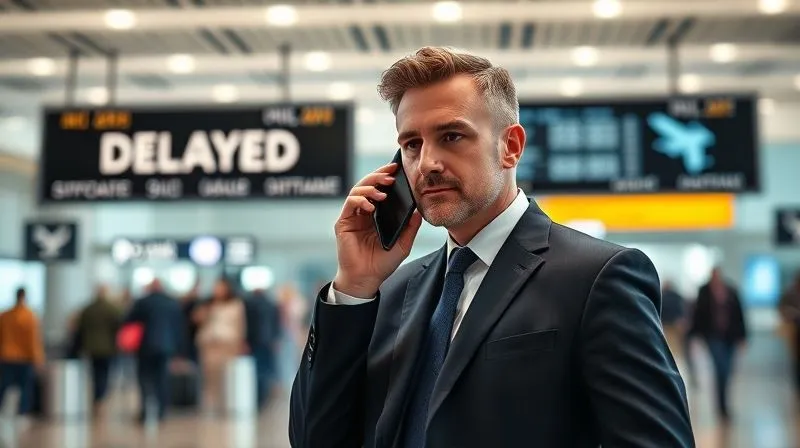 A photorealistic image of a professional, impeccably dressed, standing slightly apart from the crowd in an airport terminal, calmly but intently speaking on a smartphone. Their expression conveys concern but also competence. In the background, a digital departure board shows 'DELAYED' text. Cinematic lighting, sharp focus on the professional, depth of field blurring the background, 8K hyper-detailed, professional photography, shot on a high-end DSLR.