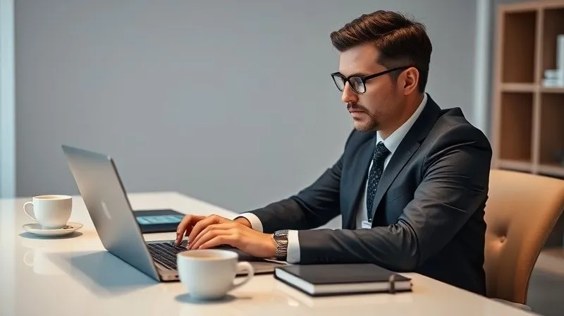 A photorealistic image of a professional, dressed in business attire, sitting at a clean, modern desk, thoughtfully typing an email on a laptop. Their expression is composed and focused, conveying sincerity. A neatly organized notebook and a cup of coffee are on the desk. Cinematic lighting, sharp focus on the professional and laptop, depth of field blurring the background, 8K hyper-detailed, professional photography, shot on a high-end DSLR.