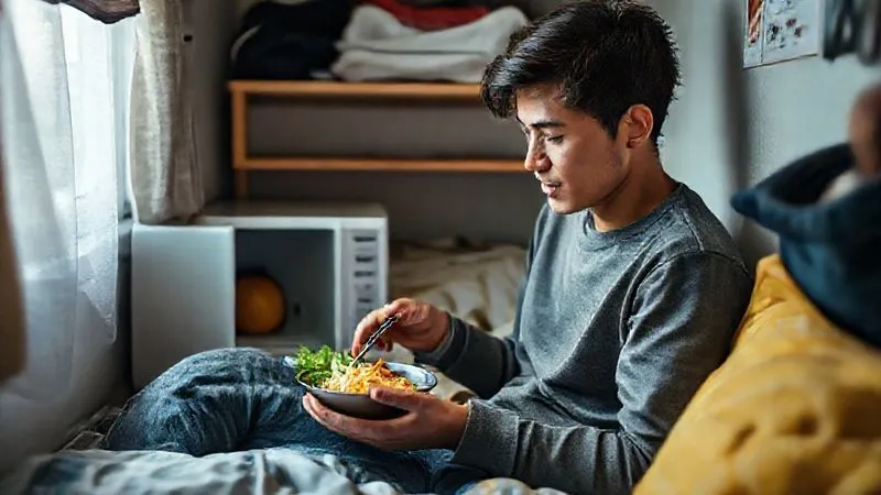 photorealistic, professional photography, 8K, cinematic lighting, sharp focus, depth of field, shot on a high-end DSLR. A resourceful university student creatively preparing a simple, healthy meal in a compact dorm room using a microwave and a few basic ingredients. The scene is cozy and practical, highlighting ingenuity.