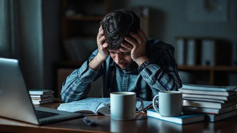 photorealistic, professional photography, 8K, cinematic lighting, sharp focus, depth of field, shot on a high-end DSLR. A university student sitting at a desk, head in hands, looking visibly stressed and overwhelmed amidst textbooks and a laptop, with an empty coffee mug nearby. The lighting is subdued, emphasizing their emotional struggle with financial worries.