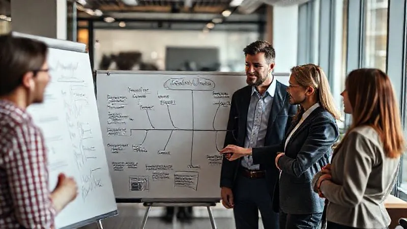 A photorealistic image of a professional team in a modern office space, gathered around a whiteboard with an Ishikawa (fishbone) diagram clearly illustrating various potential root causes for 'customer complaints' (e.g., people, process, technology, environment). The team members are actively discussing and pointing, with a focused, problem-solving demeanor. Cinematic lighting, sharp focus on the whiteboard, depth of field blurring the background, 8K hyper-detailed, shot on a high-end DSLR.