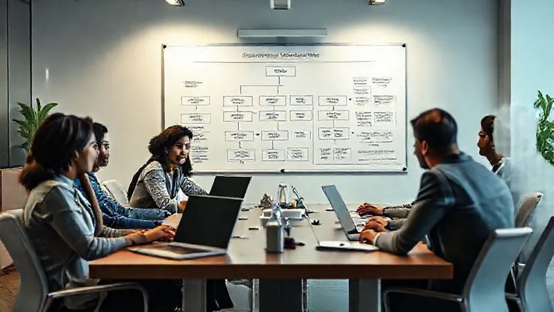 photorealistic, professional photography, 8K, cinematic lighting, sharp focus, depth of field, shot on a high-end DSLR. A team of diverse professionals in a modern, well-lit office, engaged in a strategic meeting around a large table with laptops open. On a whiteboard in the background, a complex flow chart with 'Root Cause Analysis' and 'Vendor Risk Assessment' is visible, symbolizing strategic planning and process improvement post-incident. The atmosphere is serious but constructive.