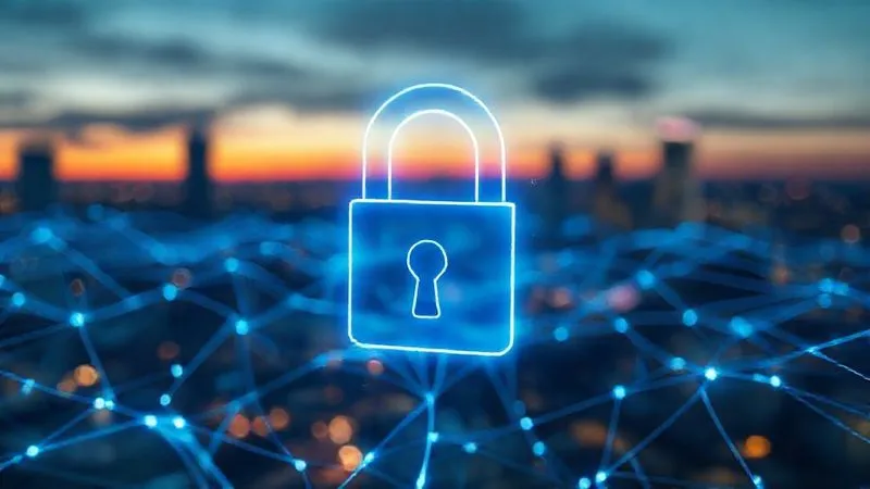photorealistic, professional photography, 8K, cinematic lighting, sharp focus, depth of field, shot on a high-end DSLR. A strong, modern digital padlock icon superimposed over a secure data network, with glowing blue lines representing encrypted data flow. In the background, a blurred cityscape at dawn, symbolizing a new, secure beginning. The overall feel is one of robust, forward-looking security and renewed confidence.