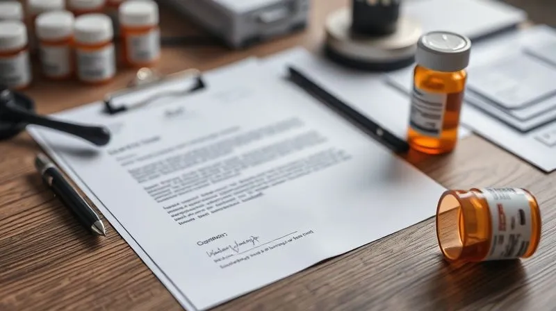 A photorealistic image of neatly organized medical documents, a doctor's letter, and prescription bottles on a desk, sharp focus on the papers, depth of field blurring the background, conveying meticulous preparation. photorealistic, professional photography, 8K, cinematic lighting, sharp focus, depth of field, shot on a high-end DSLR.
