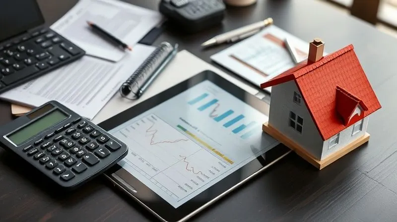 A photorealistic image of a diverse group of financial planning tools spread across a desk: a calculator, a ledger, a tablet displaying financial charts, and a small model house, symbolizing comprehensive planning beyond insurance. photorealistic, professional photography, 8K, cinematic lighting, sharp focus, depth of field, shot on a high-end DSLR.