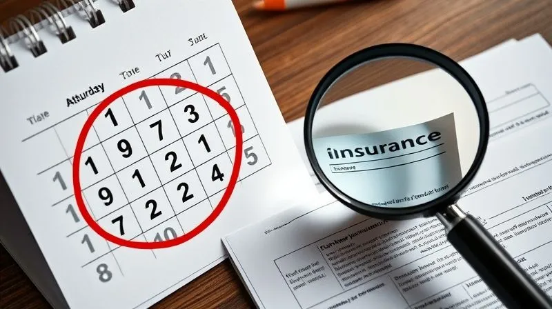 A photorealistic image of a calendar with the current date circled, next to a magnifying glass over insurance documents, symbolizing the importance of timely action and careful review. photorealistic, professional photography, 8K, cinematic lighting, sharp focus, depth of field, shot on a high-end DSLR.