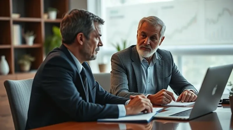 photorealistic, professional photography, 8K, cinematic lighting, sharp focus on a compassionate financial advisor actively listening to a concerned senior client, both seated at a modern desk with financial charts in the background, depth of field blurring the office environment, shot on a high-end DSLR, conveying trust and empathy.