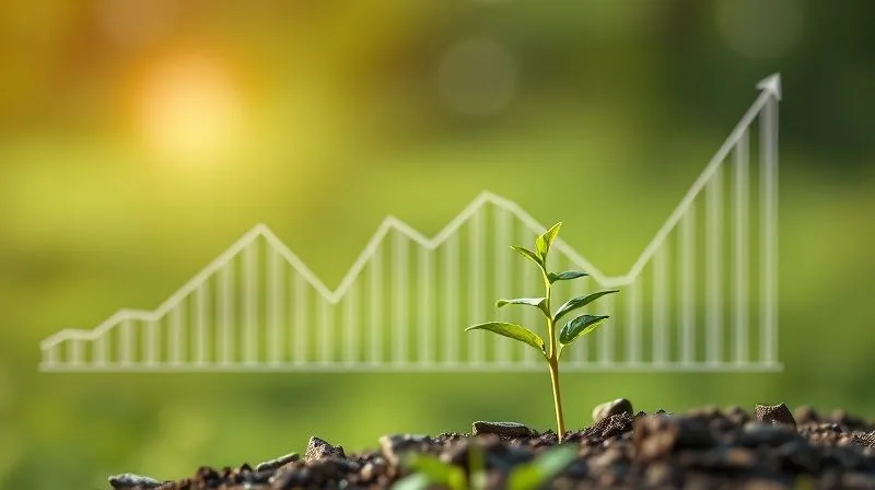 photorealistic, professional photography, 8K, cinematic lighting, sharp focus on a stylized financial graph showing a sharp decline followed by a strong, gradual recovery and continued upward trend over a long period, with a small, resilient plant growing in the foreground, depth of field blurring a serene landscape, shot on a high-end DSLR, symbolizing recovery and long-term growth.