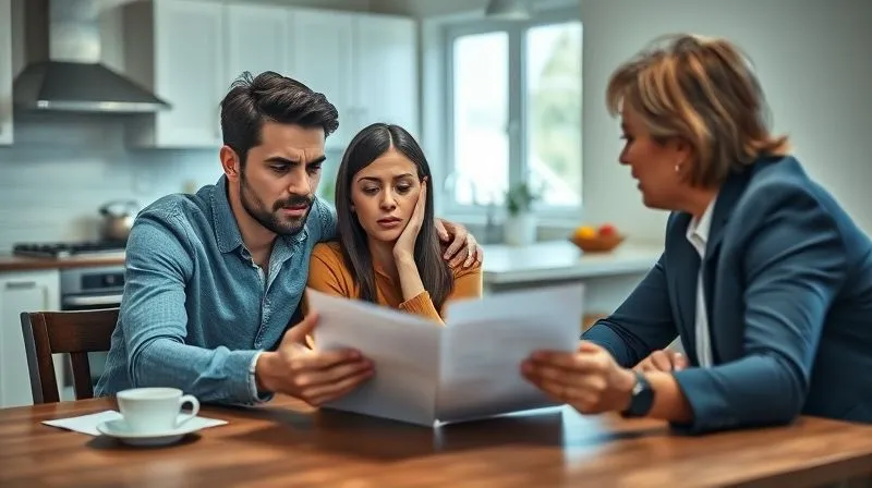Photorealistic, professional photography, 8K, cinematic lighting, sharp focus, depth of field, shot on a high-end DSLR, a worried young couple sitting at a kitchen table, looking at a mortgage document with furrowed brows, a real estate agent across from them, offering a reassuring hand gesture, the scene conveying financial anxiety and the need for guidance.