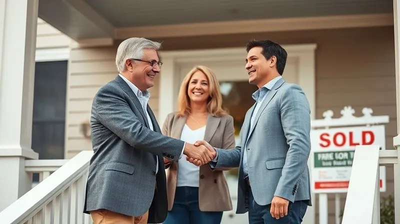 Photorealistic, professional photography, 8K, cinematic lighting, sharp focus, depth of field, shot on a high-end DSLR, a real estate agent warmly shaking hands with a client couple on a porch, smiling, implying a successful long-term relationship and trust, with a 'Sold' sign in the background, conveying successful closure.