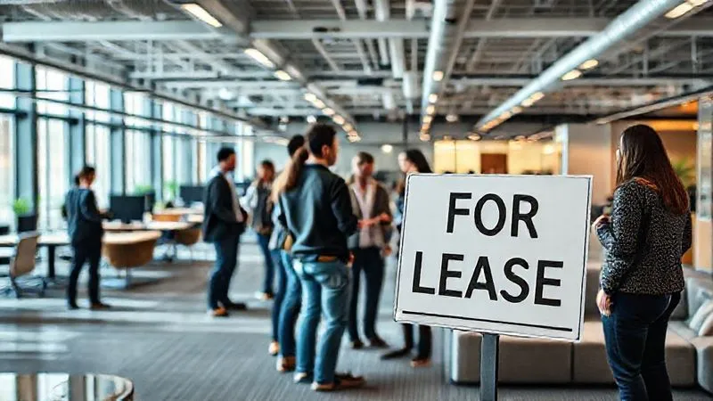 A photorealistic image of a sleek, modern commercial office space, brightly lit and showcasing flexible furniture arrangements, collaborative zones, and advanced technology. A diverse group of young professionals are engaged in a lively discussion in the foreground, with a "For Lease" sign subtly visible but inviting, reflecting new opportunities. Cinematic lighting, sharp focus on the people and the space, depth of field blurring distant areas, 8K hyper-detailed, shot on a high-end DSLR.