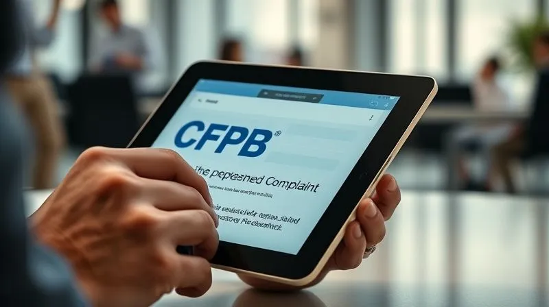 A photorealistic, professional photography, 8K image of a person meticulously filling out an online complaint form on a tablet, with the CFPB logo visible on the screen. The background is a blurred, modern office setting, suggesting official action and determination. Cinematic lighting, sharp focus on the tablet, depth of field, shot on a high-end DSLR.