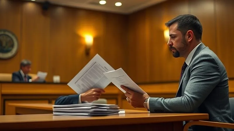 A photorealistic, professional photography, 8K image showing a person presenting documents to a judge in a modern, well-lit small claims courtroom. The focus is on the interaction and the stack of evidence, conveying a sense of formal procedure and seeking justice. Cinematic lighting, sharp focus on the documents and faces, depth of field, shot on a high-end DSLR.