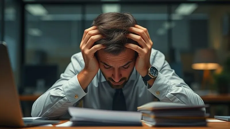 Photorealistic image of a professional at their desk, head in hands, looking stressed and overwhelmed by unseen pressures, subtle financial documents blurred in the background, office setting, cinematic lighting, sharp focus on the person's expression, depth of field, 8K hyper-detailed, professional photography.