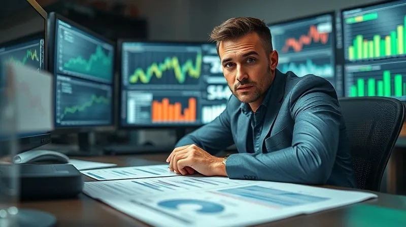 Photorealistic image of a person at a desk, looking focused and determined, surrounded by financial charts and graphs on multiple screens, a strategic plan laid out on paper, cinematic lighting, sharp focus on the person's expression and the organized workspace, depth of field, 8K hyper-detailed, professional photography.