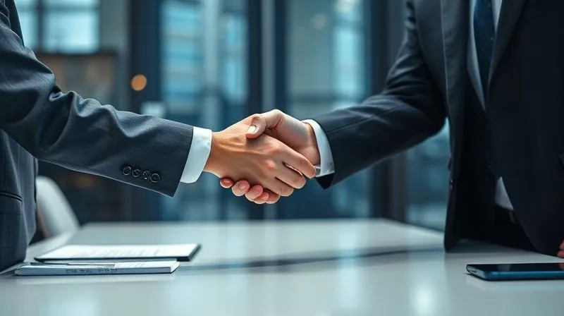 Photorealistic image of a professional person confidently shaking hands with a legal advisor in a modern office, documents visible on the table, a sense of relief and progress, cinematic lighting, sharp focus on the handshake, depth of field, 8K hyper-detailed, professional photography.