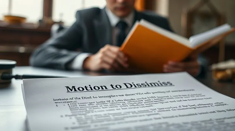 A photorealistic close-up of a legal document titled 'Motion to Dismiss' with sections highlighted, resting on a barrister's desk. In the background, a blurred image of a determined lawyer reviewing files. Cinematic lighting, sharp focus on the document, depth of field, shot on a high-end DSLR, 8K hyper-detailed, professional photography.