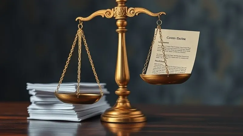 A photorealistic depiction of a balanced set of antique brass scales of justice, with a stack of legal documents on one side and a single, significant document on the other, representing a counterclaim or strong defense. Cinematic lighting, sharp focus, depth of field, shot on a high-end DSLR, 8K hyper-detailed, professional photography.